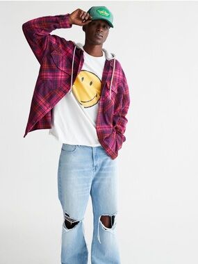 UO Plaid Flannel Hooded Overshirt - Dark Purple